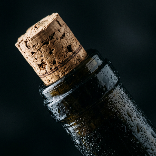 Macro detalle de un corcho natural de vino recién extraído mostrando la textura porosa y la marca de la bodega