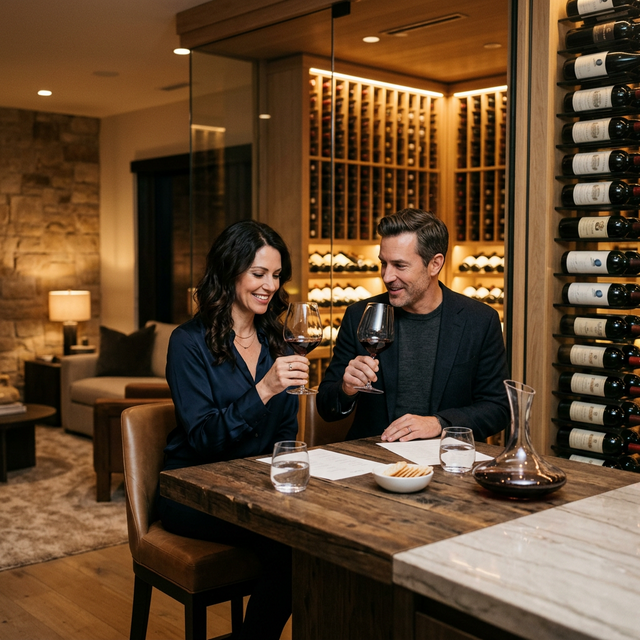 Pareja disfrutando de una cata de vino en el salón de su hogar junto a la vinoteca con iluminación ambiental cálida y copas de sumiller