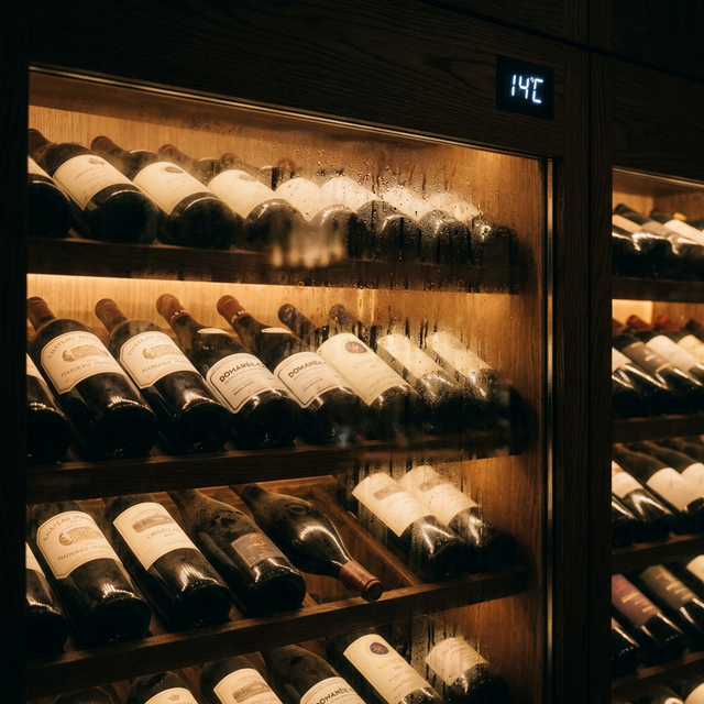 Termómetro digital de servicio mostrando la temperatura óptima de un vino tinto reserva durante el proceso de atemperado