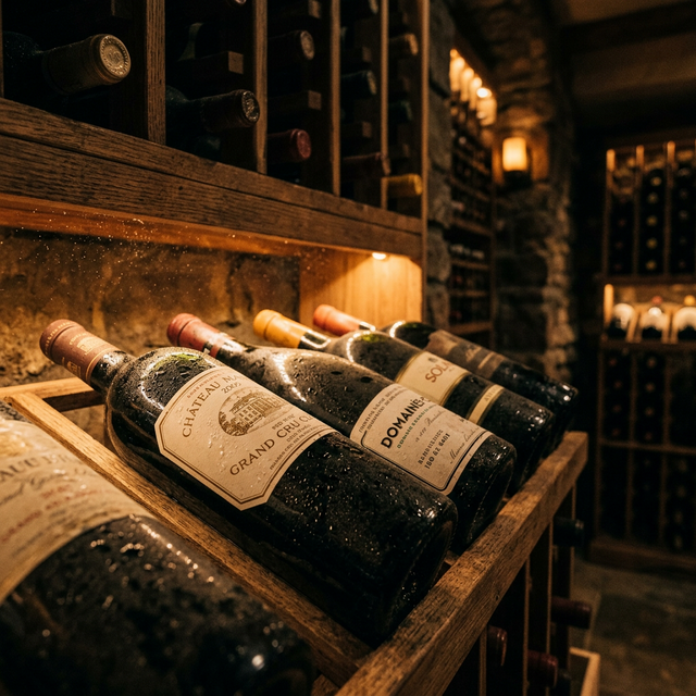 Botellas de vino premium envejeciendo en bodega oscura con iluminación ámbar entre estantes de roble