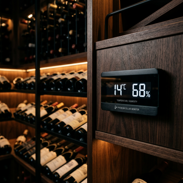 Higrómetro digital montado en panel de madera oscura dentro de una vinoteca mostrando 14 grados y 68 por ciento de humedad