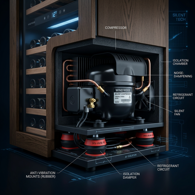 Sistema de compresión amortiguada con soportes anti-vibración de goma dentro de una vinoteca premium Caveduke