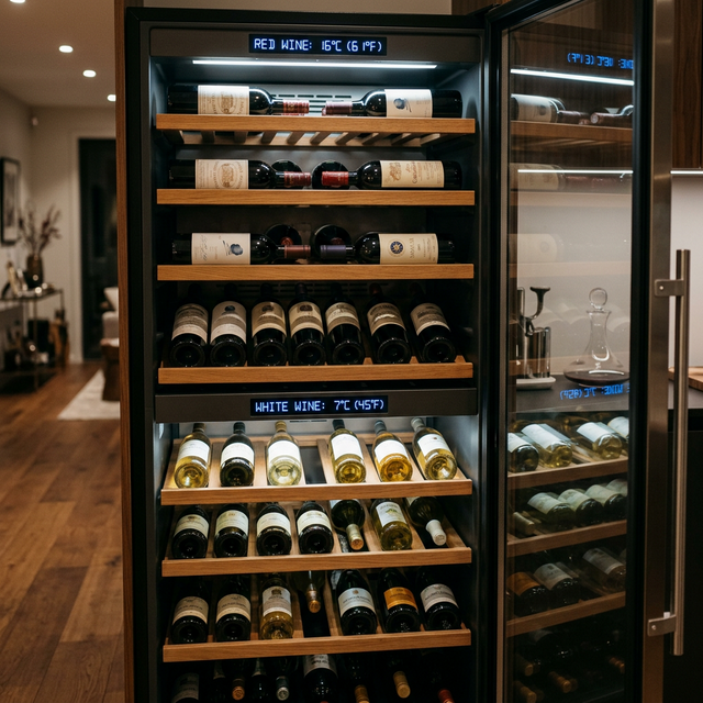Interior de vinoteca dual con dos zonas de temperatura independientes para tintos y blancos con displays digitales