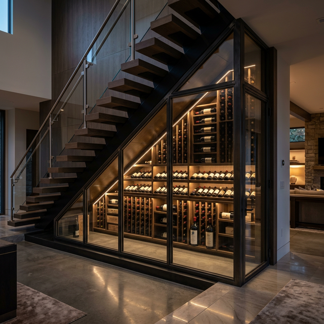 Bodega climatizada a medida bajo escalera moderna con estantes de roble, cristal templado y cientos de botellas iluminadas con LED cálido