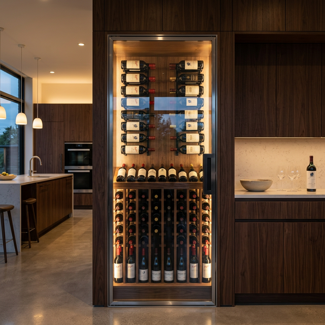 Vinoteca a medida empotrada en cocina moderna con paneles de nogal a juego con la carpintería y puerta de cristal con iluminación LED
