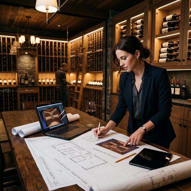 Diseñadora de interiores revisando planos de una vinoteca artesanal Caveduke con bodega de roble al fondo