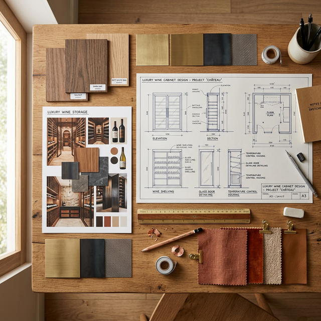 Mesa de diseño con bocetos técnicos de vinoteca, muestras de madera de nogal y roble, herramientas de arquitectura y mood board de materiales premium