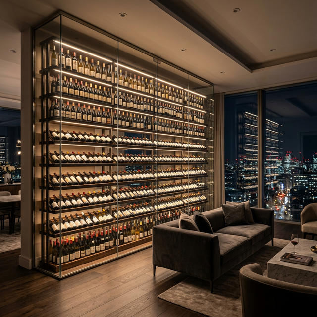 Wine wall de cristal templado de suelo a techo en ático de lujo con cientos de botellas iluminadas, mobiliario moderno y vistas nocturnas de la ciudad
