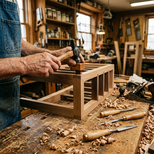 Maestro artesano de Caveduke ensamblando el interior de una vinoteca premium con instrumentos de precisión en taller de fabricación