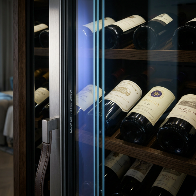 Detalle de cristal Climalit de doble capa en puerta de vinoteca Caveduke con cámara de argón y filtro UV visible como reflejo azul sutil