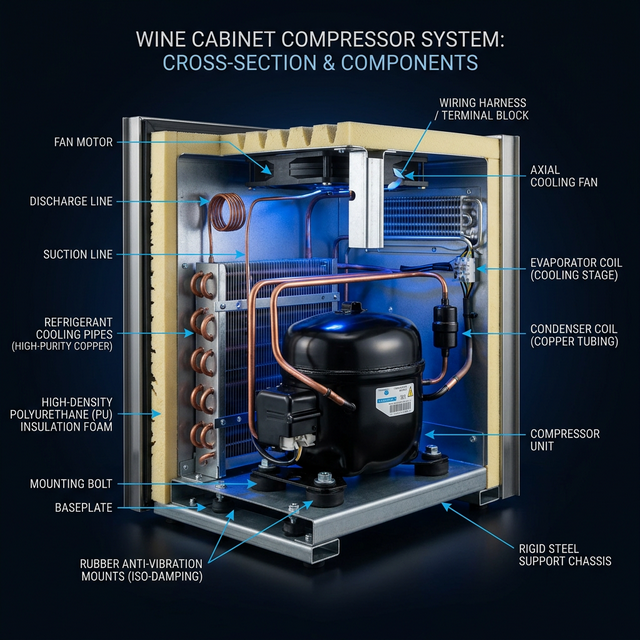 Sección transversal del sistema de compresión Caveduke con soportes anti-vibración de caucho, tubos de cobre y capas de aislamiento