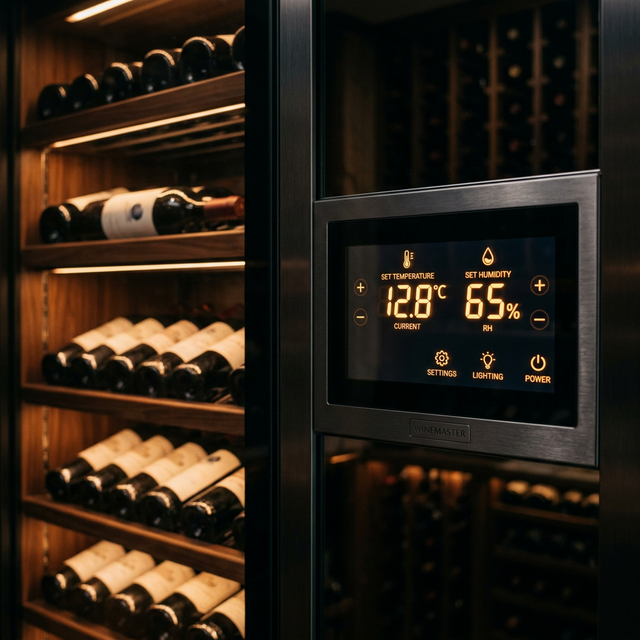 Panel de control digital de vinoteca Caveduke mostrando temperatura 12.8 grados y humedad 65 por ciento con retroiluminación ámbar