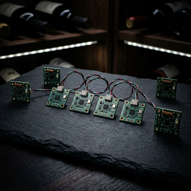 Sensores de precisión NTC y circuitos IoT de monitorización para vinoteca inteligente Caveduke sobre superficie oscura con iluminación técnica