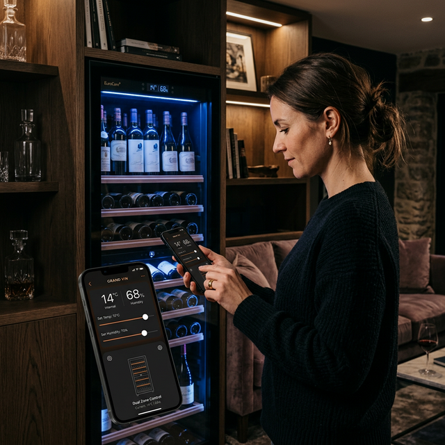 Persona controlando vinoteca inteligente desde smartphone con app que muestra temperatura y humedad, vinoteca con iluminación LED azul de fondo