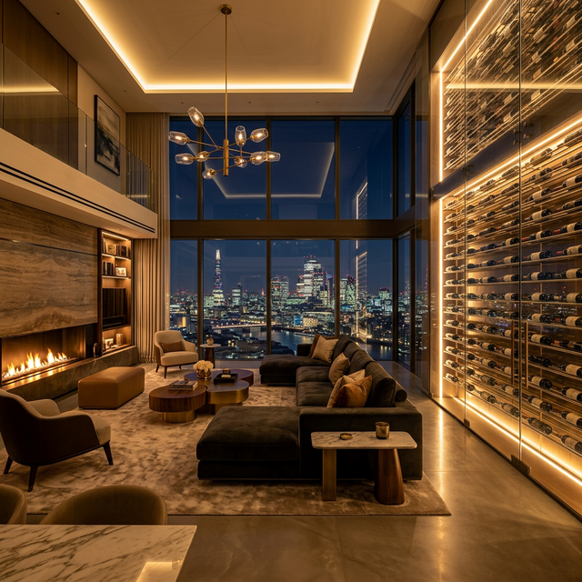 Salón de lujo contemporáneo con wine wall de cristal iluminada, chimenea moderna y vistas panorámicas nocturnas de la ciudad