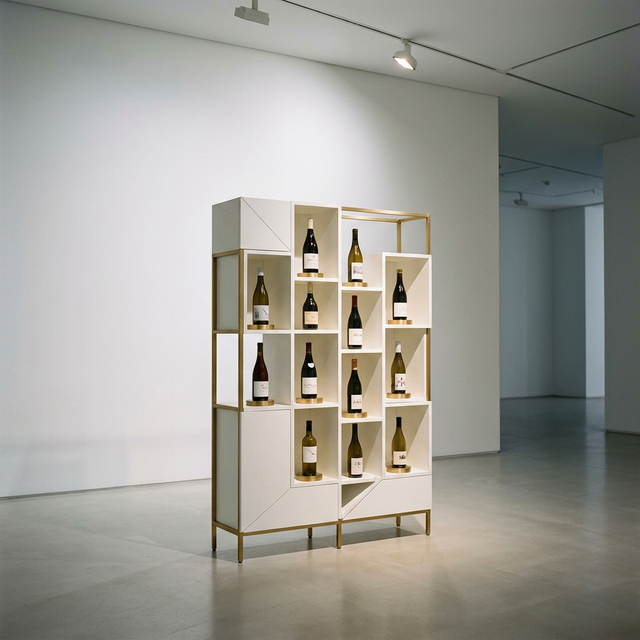 Vinoteca escultórica minimalista en blanco y oro cepillado con líneas geométricas puras exhibiendo 12 botellas como piezas de arte
