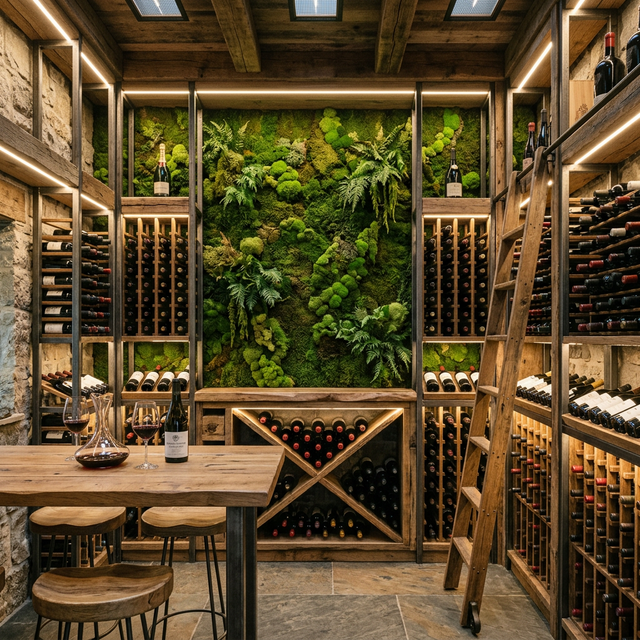 Vinoteca de lujo construida con madera reciclada y acero sostenible, pared de musgo vivo como fondo e iluminación LED solar