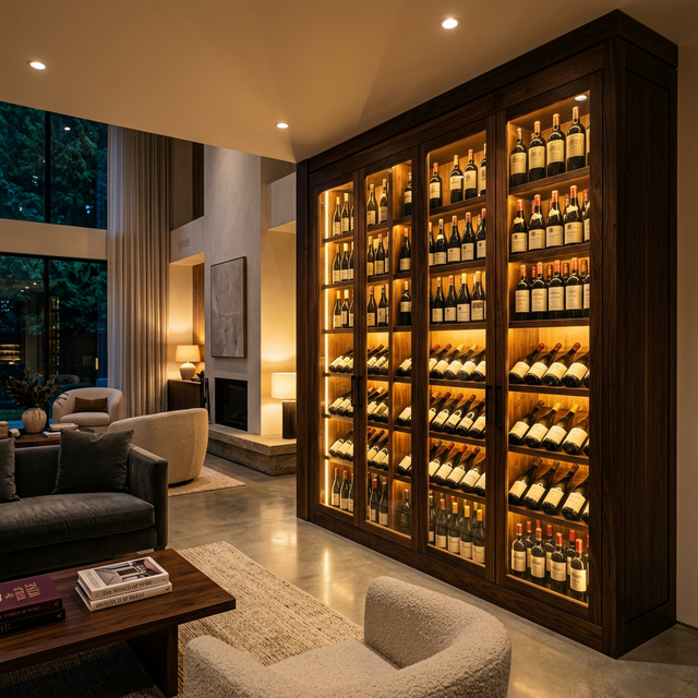 Vinoteca de lujo Caveduke de nogal macizo instalada en un salón elegante con iluminación LED cálida
