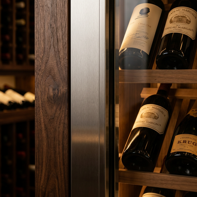 Detalle de materiales premium para vinotecas: veta de nogal macizo, acero inoxidable cepillado y cristal templado reflectante