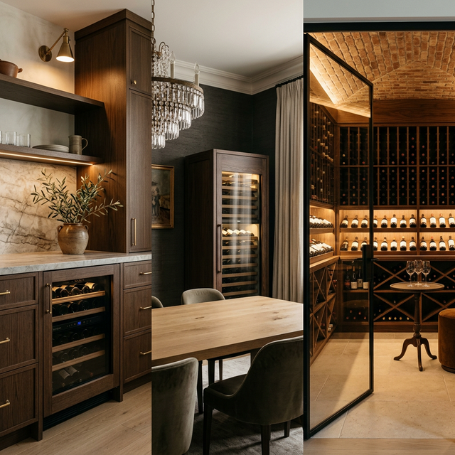 Comparación de tamaños de vinotecas: modelo compacto empotrado en cocina, modelo mediano en salón y bodega completa a medida