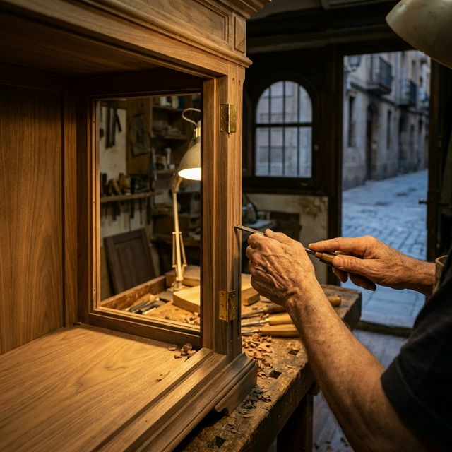 Maître artisan Caveduke travaillant sur une cave à vin dans l'atelier de Barcelone