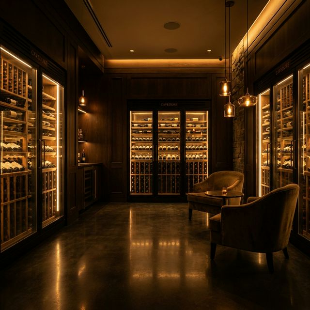 Showroom Caveduke Barcelone — salle d'exposition privée avec caves à vin illuminées