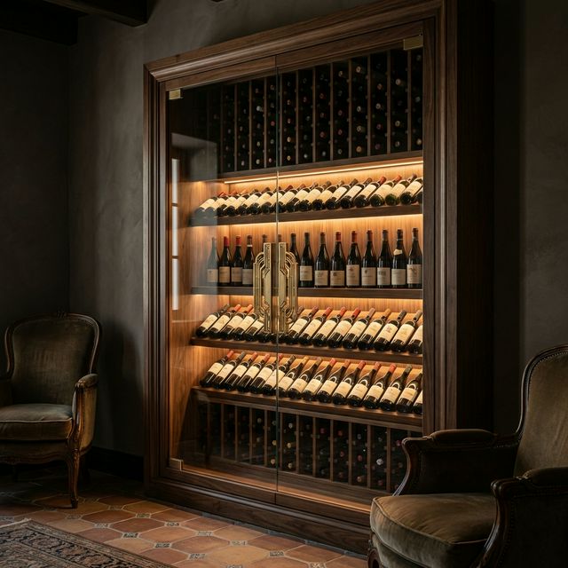 Cave à vin Caveduke sur mesure en noyer massif avec éclairage intérieur et porte en verre anti-UV